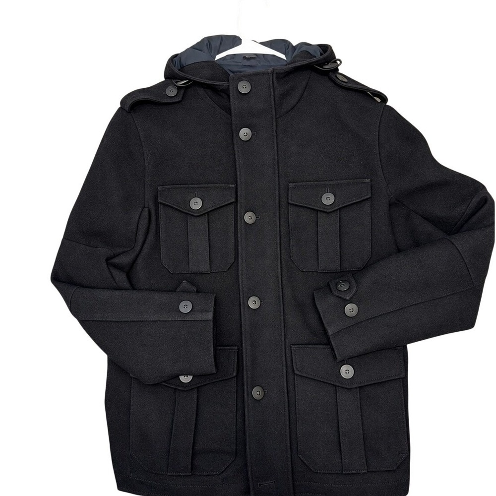 Express Men's Medium Black Wool Blend Hooded Utility Field Jacket 4 Pocket Coat